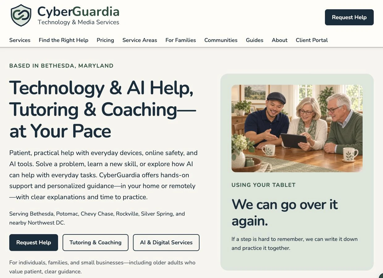 Screenshot of the CyberGuardia homepage showing its technology support, AI, tutoring, and coaching services.